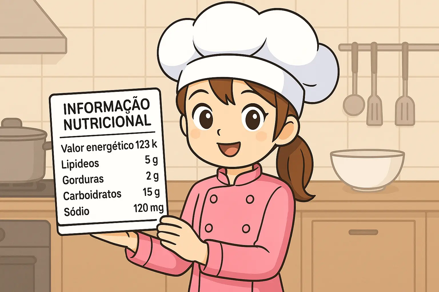 La chef Alice sostiene la tarjeta de información nutricional.