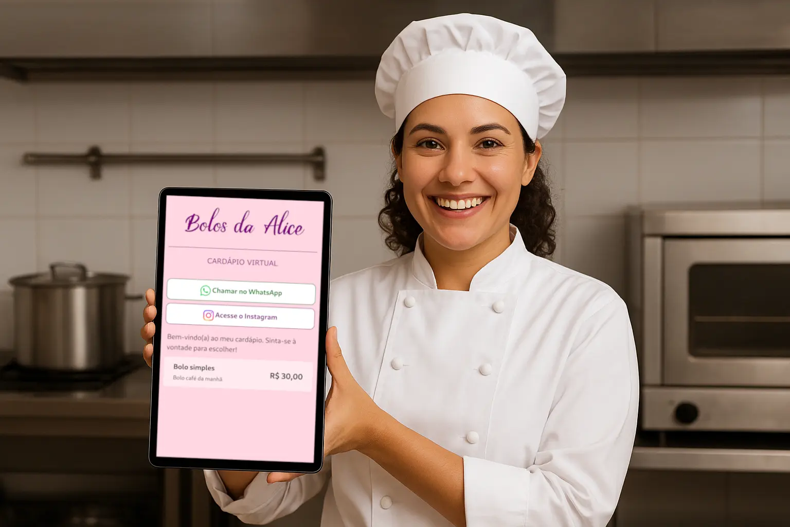 Un chef sostiene una tableta con el menú digital.
