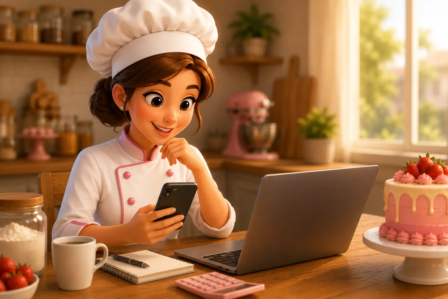 Chef Alice analizando gráficos financieros y flujo de caja.
