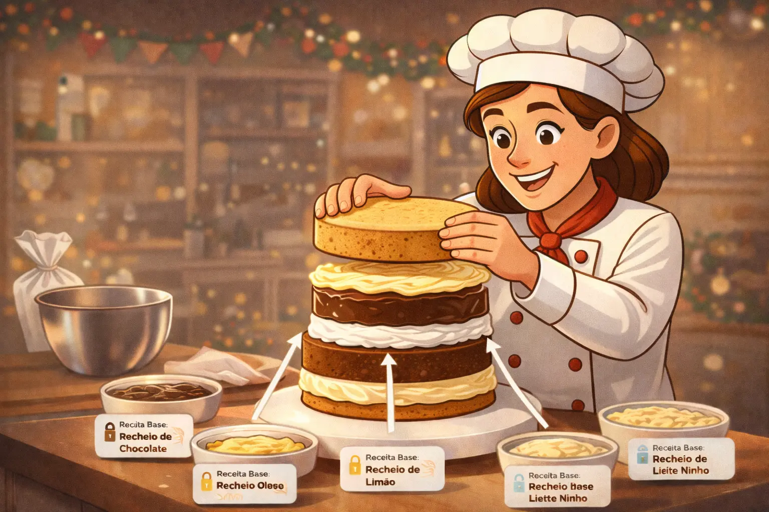 Chef Alice assembling a modular layered cake using PocketChef.