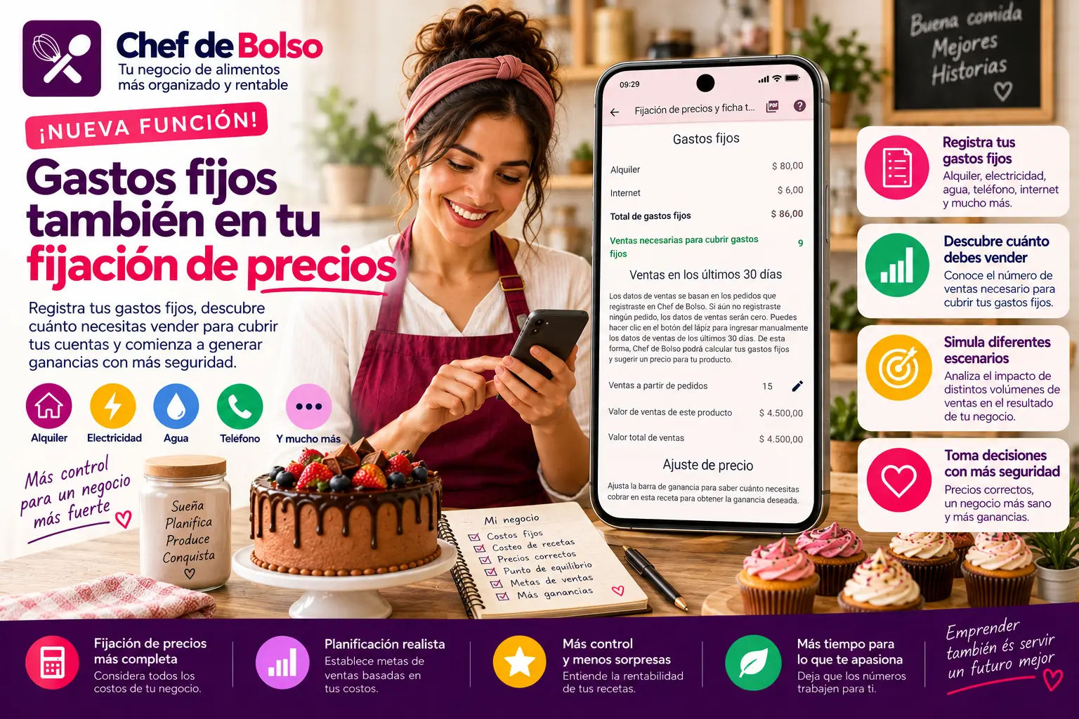 Emprendedora del sector de alimentos analizando gastos fijos, precios y metas de ventas con Chef de Bolso.