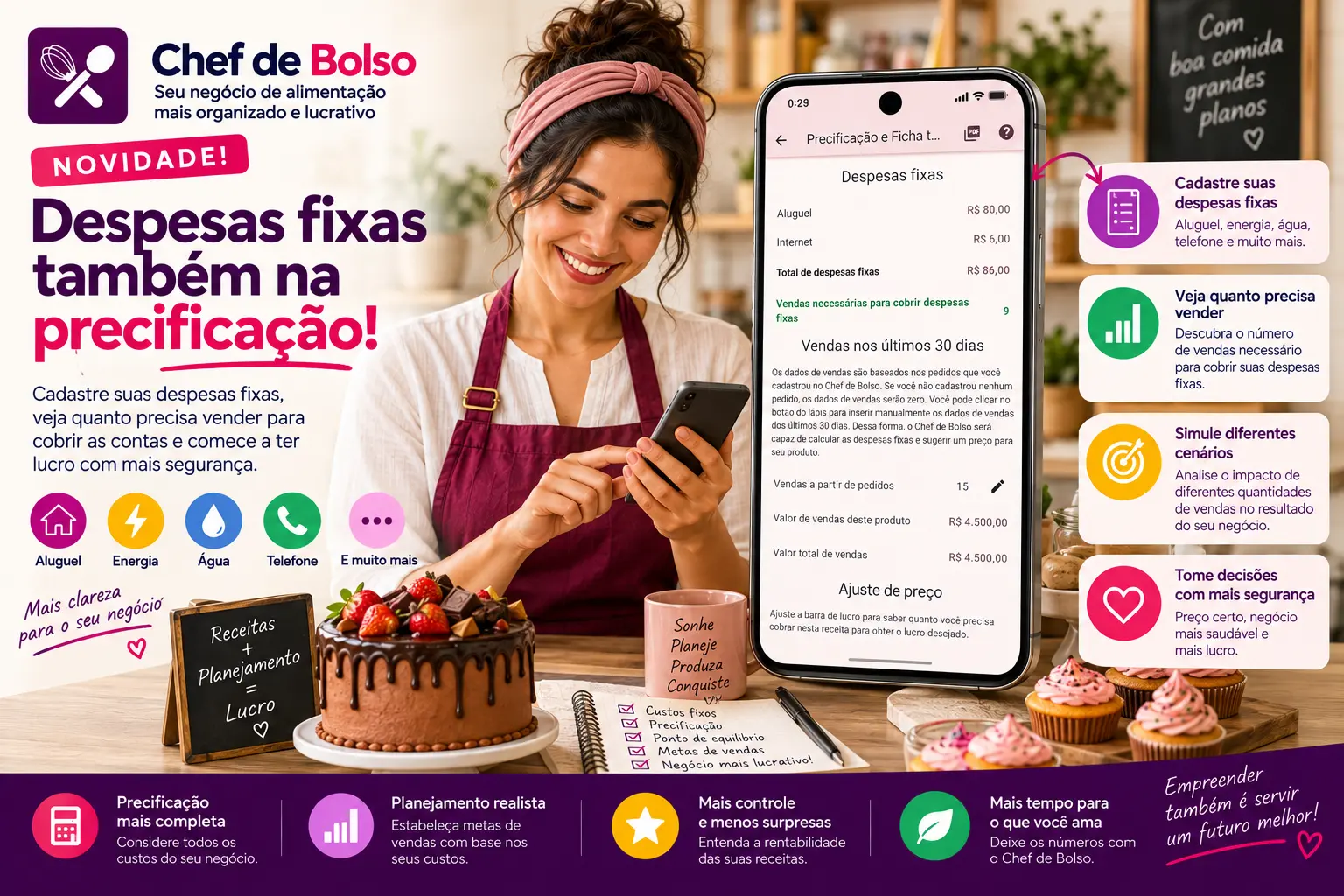 Empreendedora do ramo alimentício analisando os custos fixos e a rentabilidade de seu negócio.