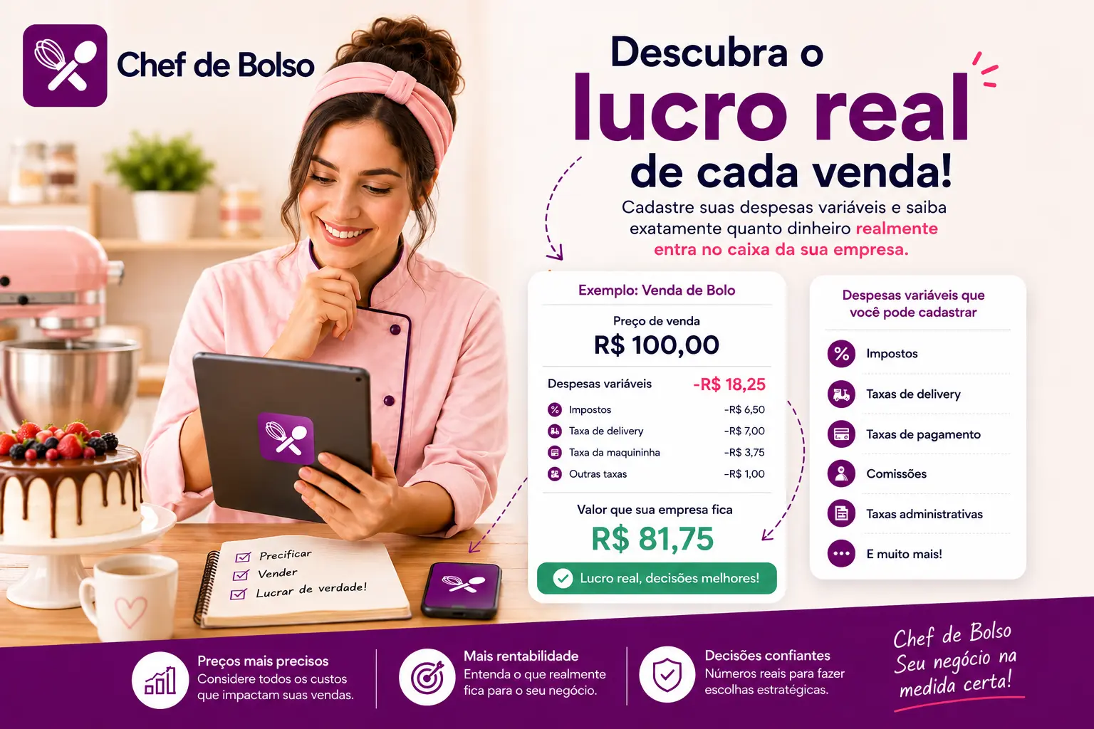 Chef Alice analisando a precificação de um produto enquanto observa despesas variáveis sobre a venda.