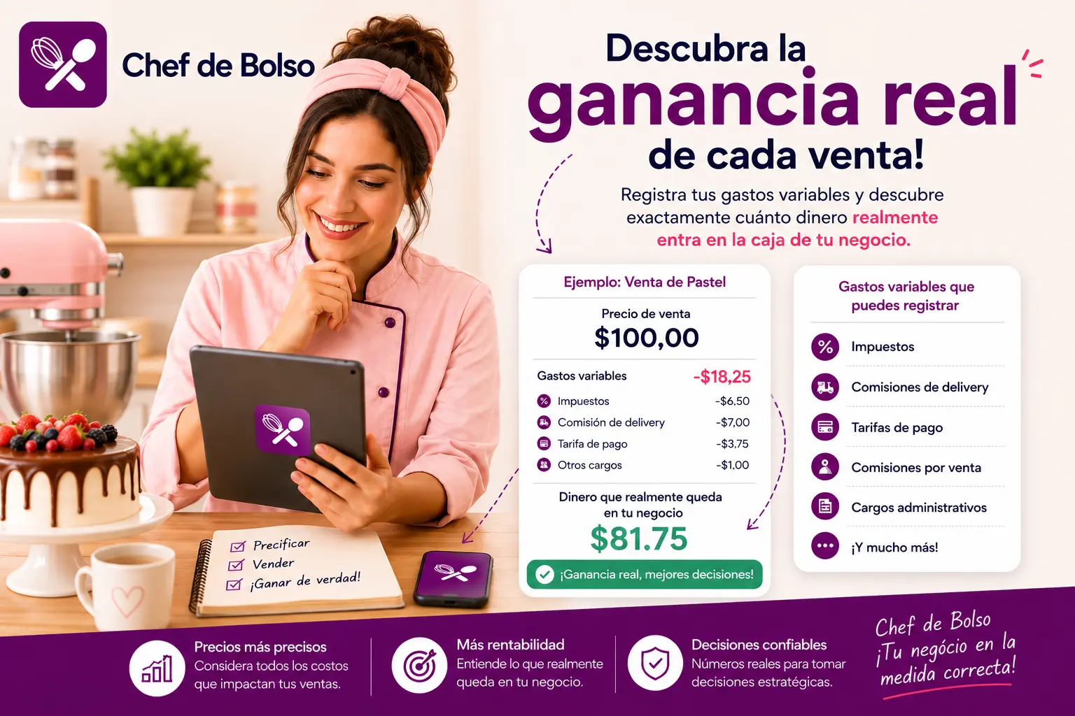 Chef Alice revisando el precio de un producto mientras analiza los gastos variables asociados a la venta.