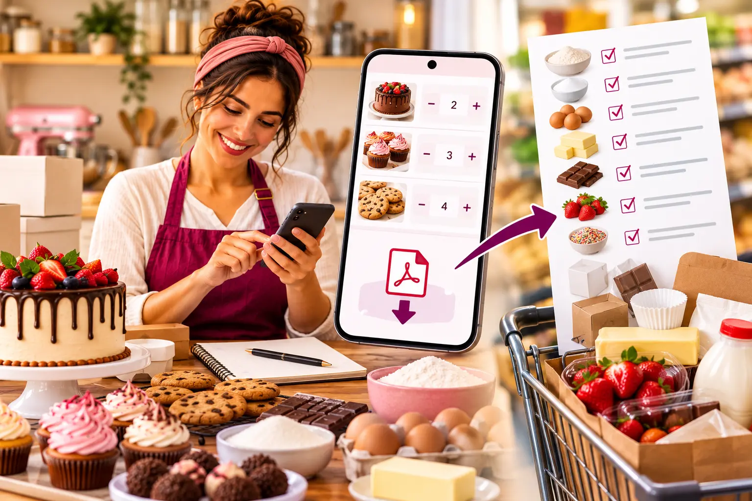 Emprendedora de repostería organizando los ingredientes necesarios para su producción con la Lista de Compras de Chef de Bolso.