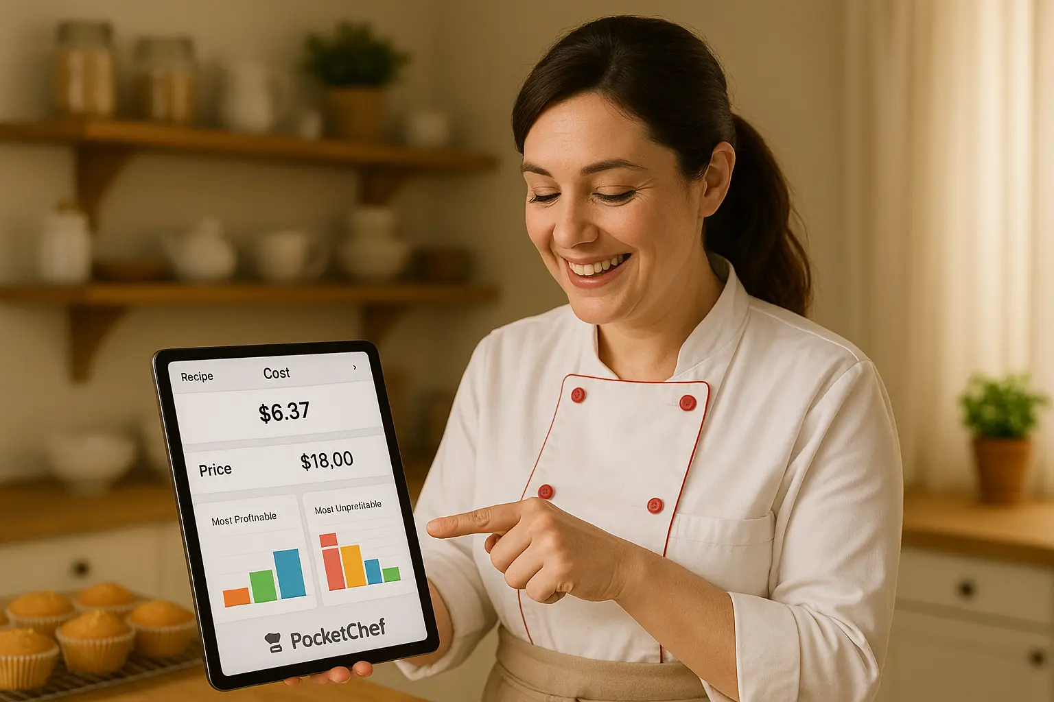 Home baker using PocketChef to calculate recipe costs and prices.